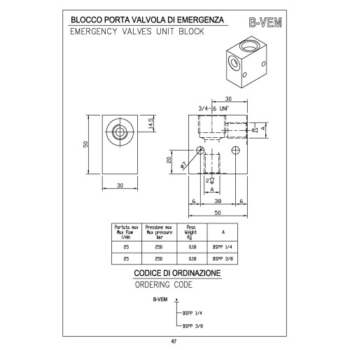 B-VEM 3/8" emergency valve unit block