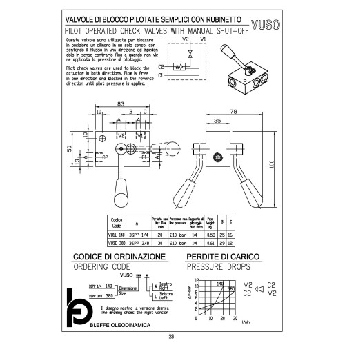 VUSO 380 3/8" pilot operated check valve with manual shut-off