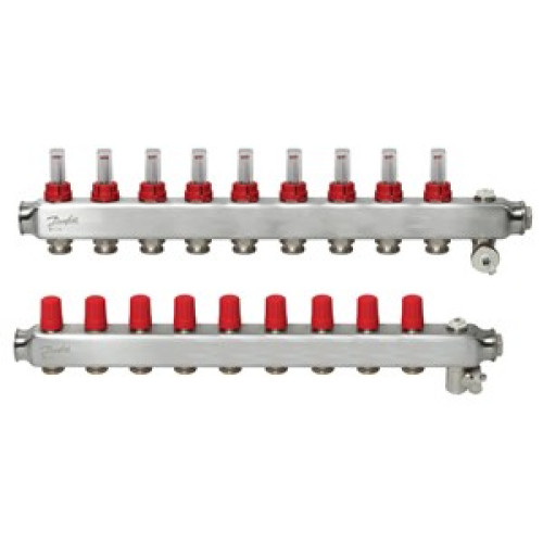 088U0759 SSM 9F Automated Steel Collector 9 Orificed Manifold Set, Flow, Return, Stainless, With Flowmeter, On Air vents 088U0759 SSM 9F Automated Steel Collector 9 Orificed Manifold Set, Flow, Return, Stainless, With Flowmeter, On Air vents