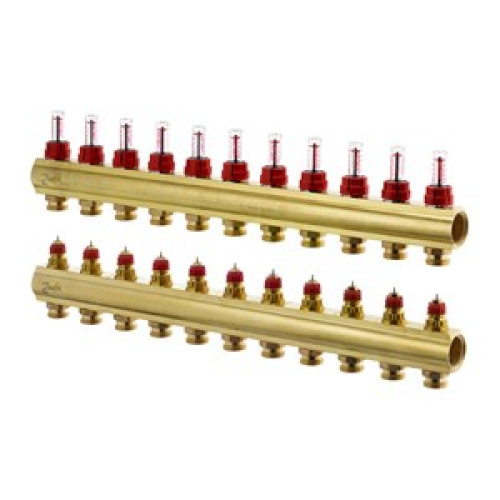 088U0531 FHF 11F Collector with Flowmeter Suitable for Automation 11 Mouth Manifold Set, Flow, Return, Brass