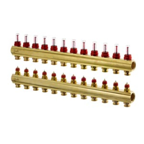 088U0532 FHF 12F Collector with Flowmeter Suitable for Automation 12 Mouth Manifold Set, Flow, Return, Brass