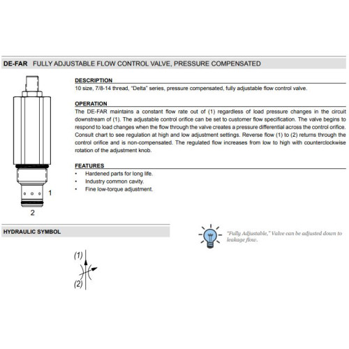 DE-FAR PRESSURE COMPENSATED - ADJUSTABLE Mechanical Restrictive Flow Regulator Valve