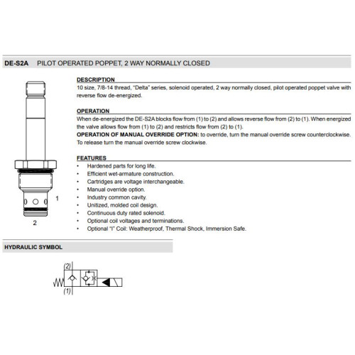 DE-S2A PILOT OPERATED POPPET Solenoid Directional Valve 2W2P NC 