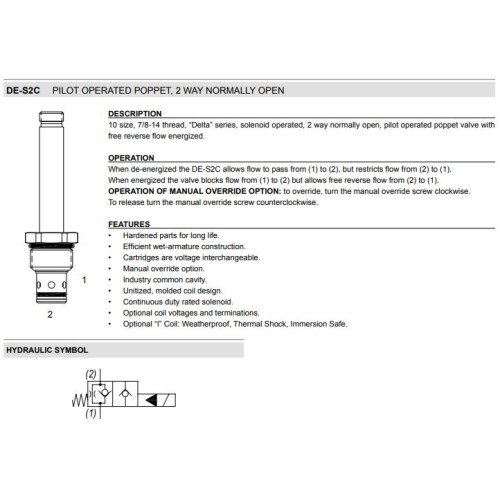 DE-S2C PILOT OPERATED POPPET Solenoid Directional Valve 2W2P NO 