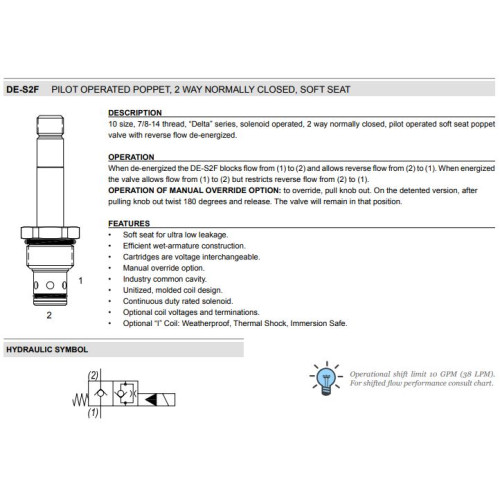 DE-S2F PILOT OPERATED POPPET - SOFT SEAT Solenoid Directional Valve 2W2P NC 