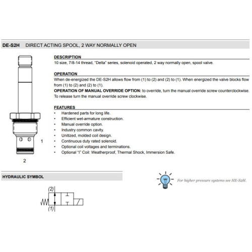 DE-S2H SPOOL Solenoid Directional Valve 2W2P NO 