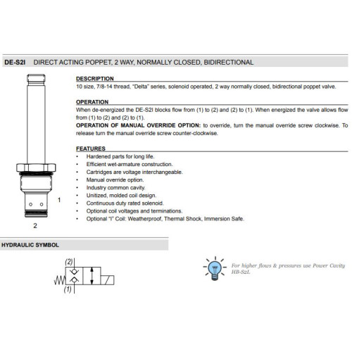 DE-S2I DIRECT ACTING BIDIRECTIONAL POPPET Solenoid Directional Valve 2W2P NC 