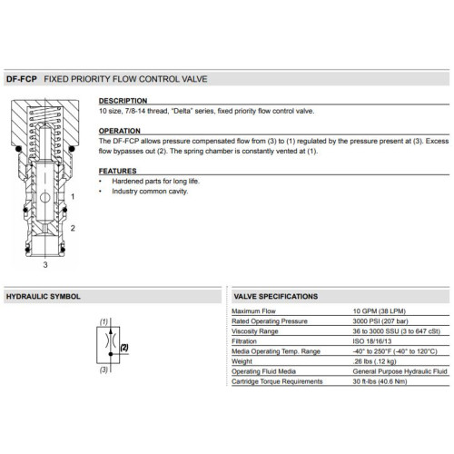 DF-FCP PRESSURE COMPENSATED - FIXED Mechanical Priority Flow Regulator Valve