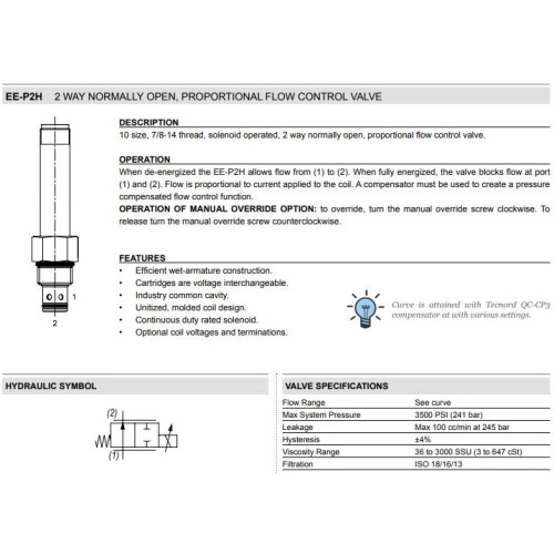 EE-P2H NO - SPOOL 2W Flow Control - Proportional Control Valve