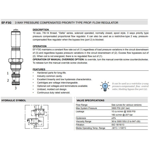 EF-F3G PRESSURE COMPENSATED - NC - SPOOL 3W Flow Control - Proportional Control Valve