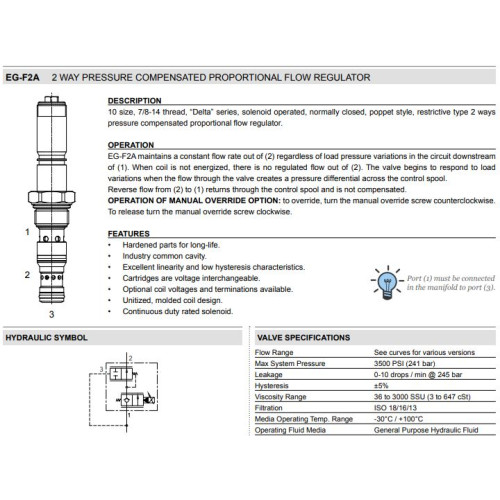 EG-F2A PRESSURE COMPENSATED - NC - POPPET 2W Flow Control - Proportional Control Valve