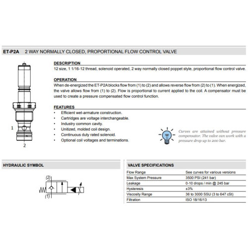 ET-P2A NC - POPPET 2W Flow Control - Proportional Control Valve