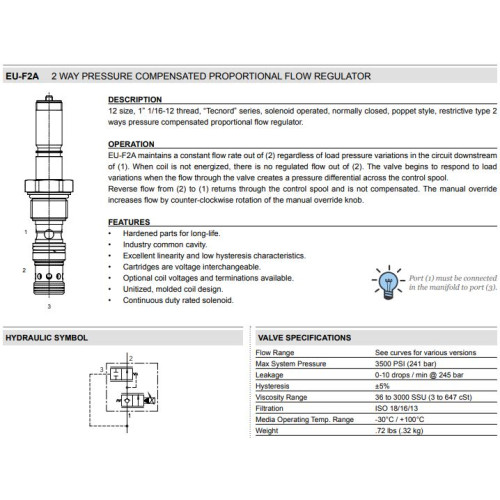 EU-F2A PRESSURE COMPENSATED - NC - POPPET 2W Flow Control - Proportional Control Valve