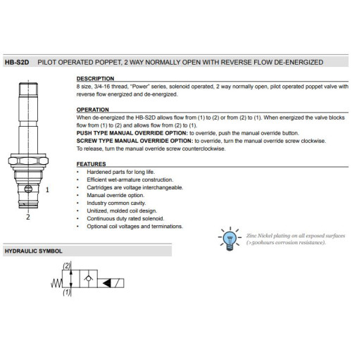 HB-S2D PILOT OPERATED POPPET - REVERSE FLOW DE-ENERGIZED Solenoid Directional Valve 2W2P NO 