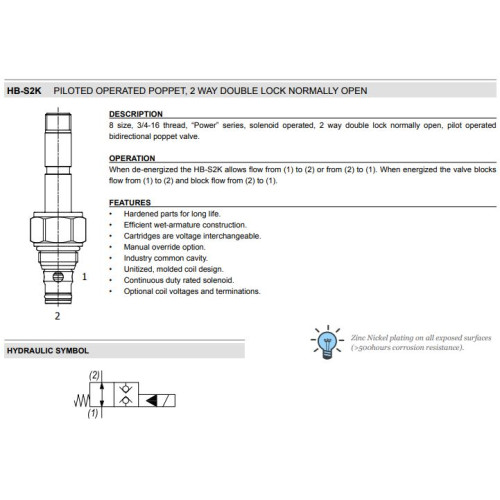 HB-S2K PILOT OPERATED BIDIRECTIONAL POPPET Solenoid Directional Valve 2W2P NO 