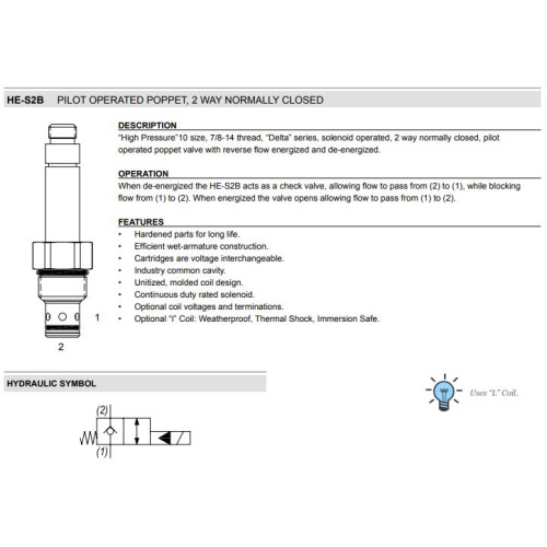 HE-S2B PILOT OPERATED POPPET-REVERSE FLOW ENERGIZED Solenoid Directional Valve 2W2P NC 
