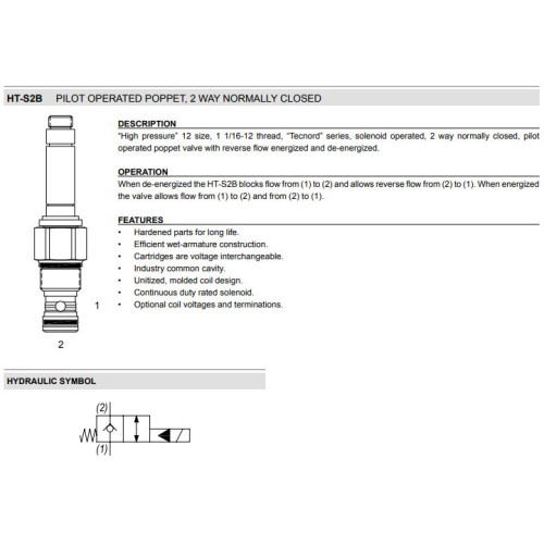 HT-S2B PILOT OPERATED POPPET-REVERSE FLOW ENERGIZED Solenoid Directional Valve 2W2P NC 