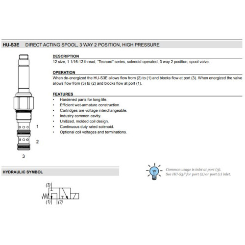 HU-S3E STANDARD Solenoid Directional Valve 3W2P Spool 