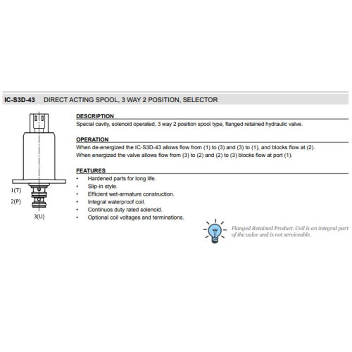 IC-S3D-43 3W2P FLANGED SLIP-IN STYLE Solenoid Directional Valve Transmission & Brake