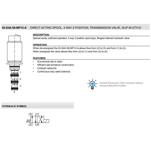 IG-S4A-58 4W2P FLANGED SLIP-IN STYLE Solenoid Directional Valve Transmission & Brake