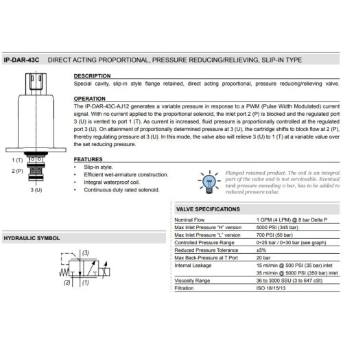 IP-DAR-43C-H DIRECT ACTING Pressure Reducing/Relieving Proportional Control Valve