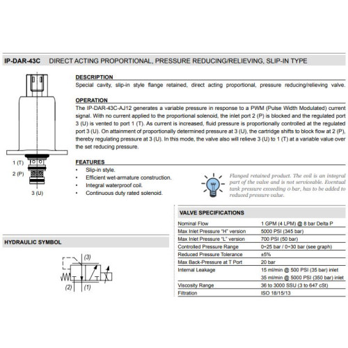 IP-DAR-43C-L DIRECT ACTING Pressure Reducing/Relieving Proportional Control Valve