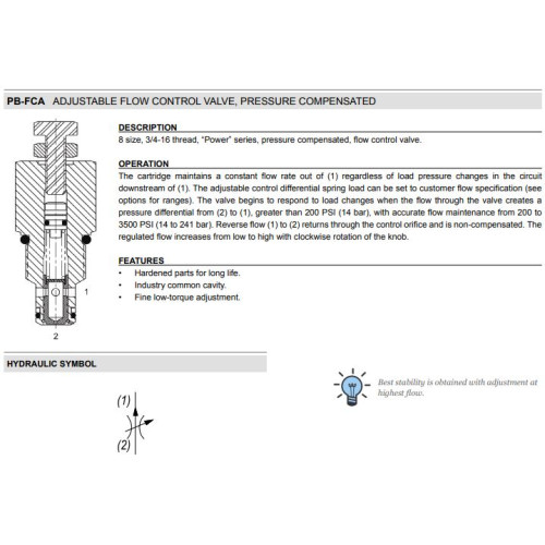 PB-FCA PRESSURE COMPENSATED - ADJUSTABLE Mechanical Restrictive Flow Regulator Valve