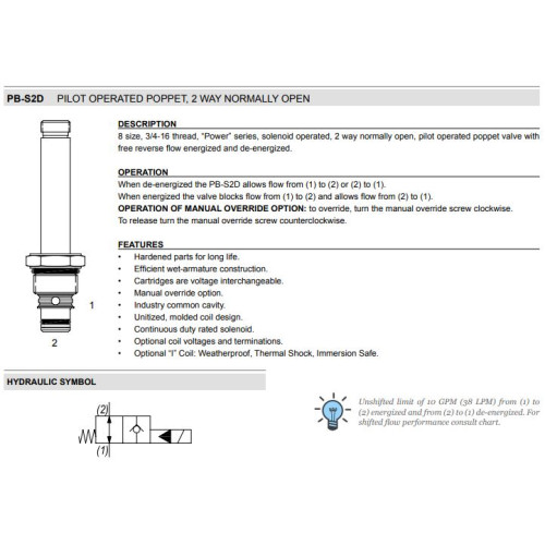 PB-S2D PILOT OPERATED POPPET - REVERSE FLOW DE-ENERGIZED Solenoid Directional Valve 2W2P NO 