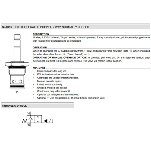 SJ-S2B PILOT OPERATED POPPET-REVERSE FLOW ENERGIZED Solenoid Directional Valve 2W2P NC 