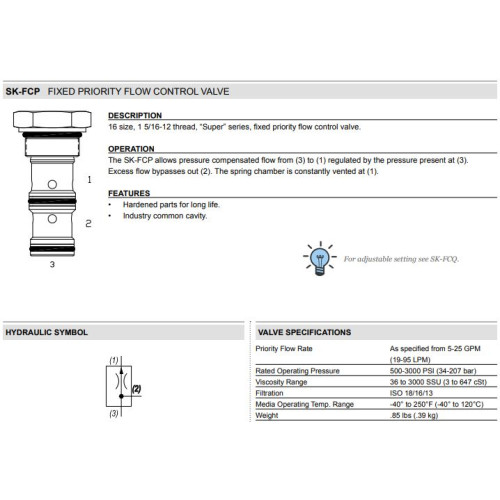 SK-FCP PRESSURE COMPENSATED - FIXED Mechanical Priority Flow Regulator Valve