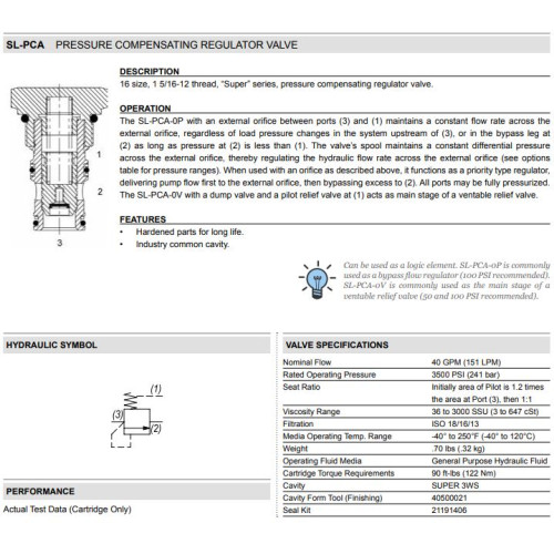SL-PCA BYPASS Pressure Compensator Mechanical Pressure Valve