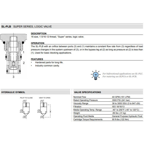 SL-PLB METERING Logic Element Mechanical Flow Valve