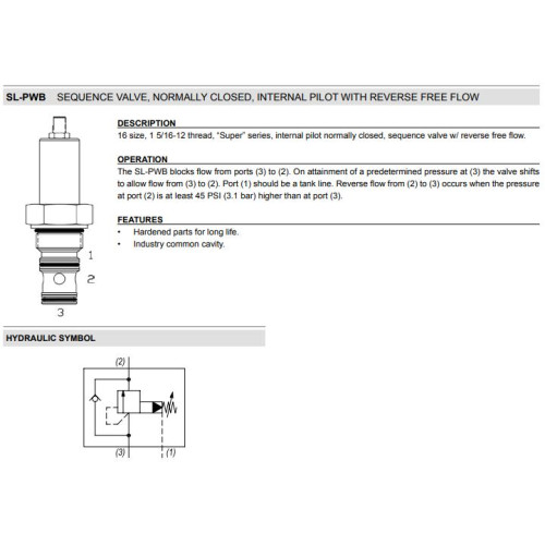 SL-PWB 2W NC - EXTERNAL PILOT - REVERSE FREE FLOW Sequence Mechanical Pressure Valve