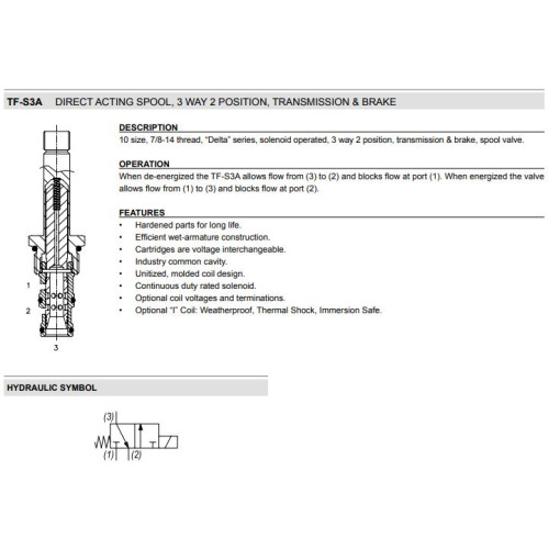 TF-S3A 3W2P SCREW-IN STYLE Solenoid Directional Valve Transmission & Brake