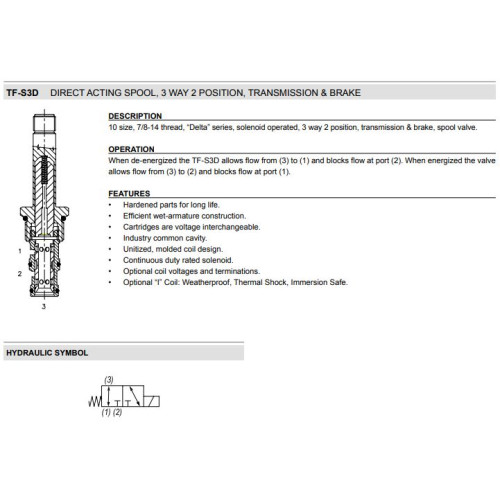 TF-S3D 3W2P SCREW-IN STYLE Solenoid Directional Valve Transmission & Brake