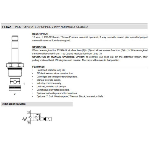 TT-S2A PILOT OPERATED POPPET Solenoid Directional Valve 2W2P NC 