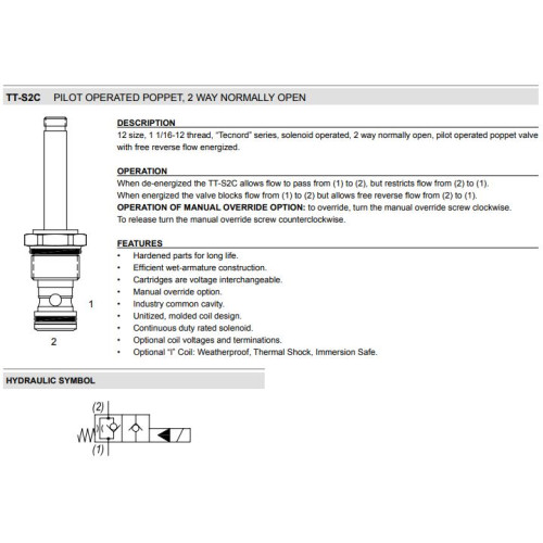 TT-S2C PILOT OPERATED POPPET Solenoid Directional Valve 2W2P NO 
