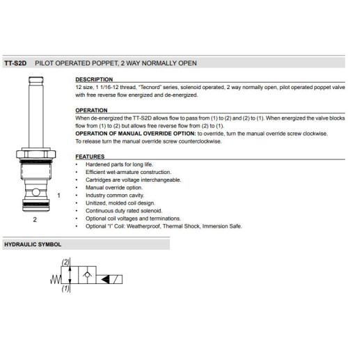 TT-S2D PILOT OPERATED POPPET - REVERSE FLOW DE-ENERGIZED Solenoid Directional Valve 2W2P NO 