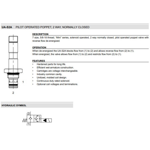 UA-S2A PILOT OPERATED POPPET Solenoid Directional Valve 2W2P NC