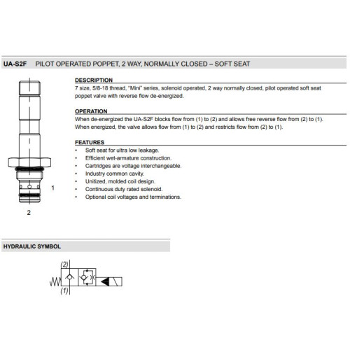 UA-S2F PILOT OPERATED POPPET - SOFT SEAT Solenoid Directional Valve 2W2P NC 